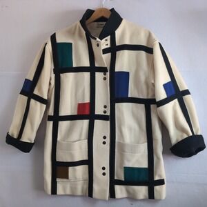 Herman Kay Vintage Wool Blend Mondrian Geometric Color Block Snap Coat FLAWS